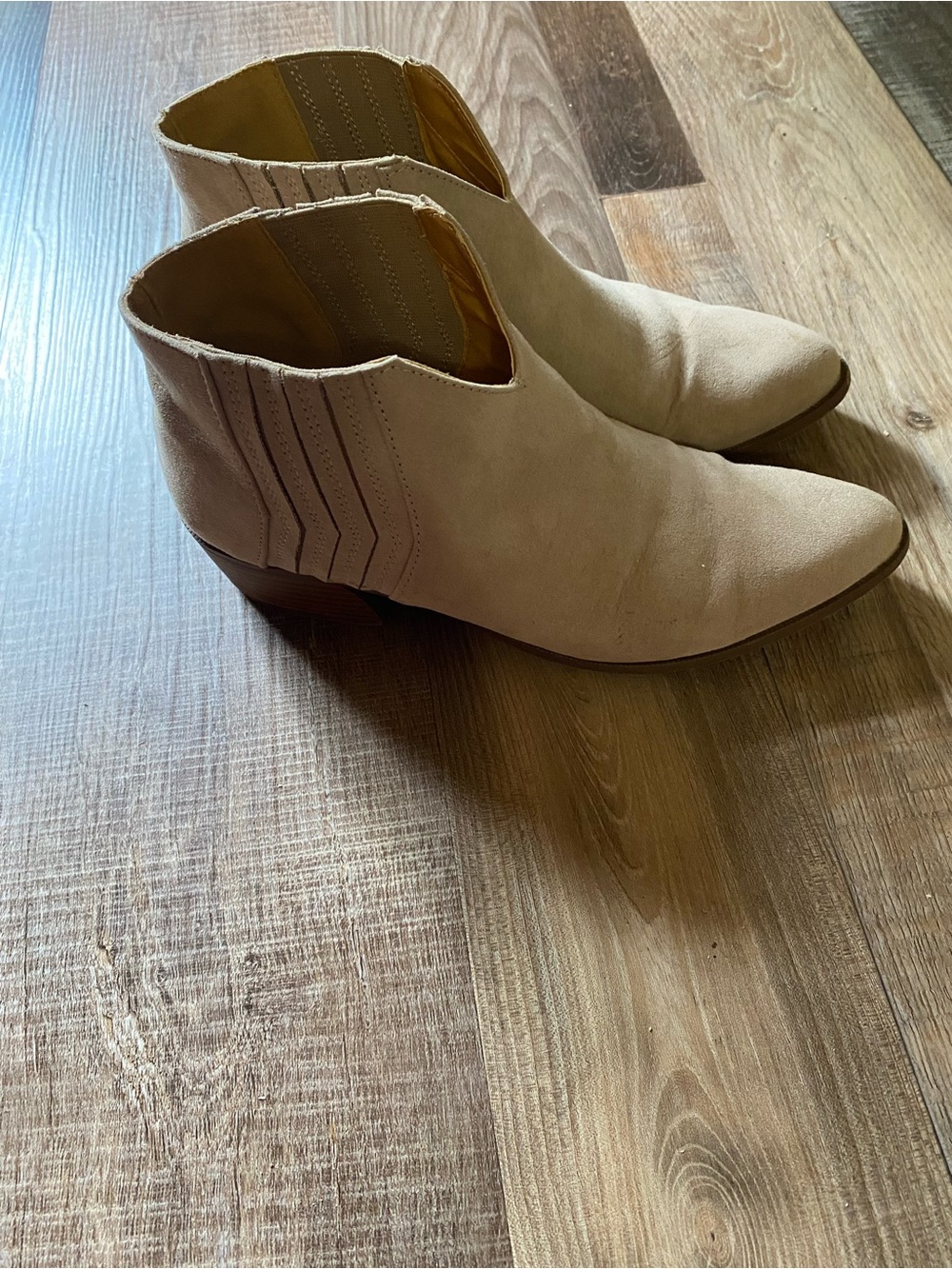 Qupid Tan Suede Ankle Booties with Low Stacked Heel